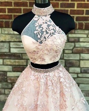 Pearl Pink Two Piece High Neck Ball Gown Prom Dress with Appliques PM1140