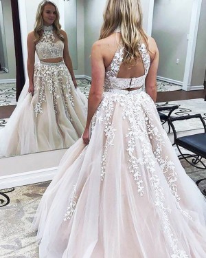 Pearl Pink Two Piece High Neck Ball Gown Prom Dress with Appliques PM1140