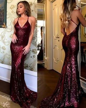 Burgundy Sequined Spaghetti Straps Mermaid Evening Dress PM1147