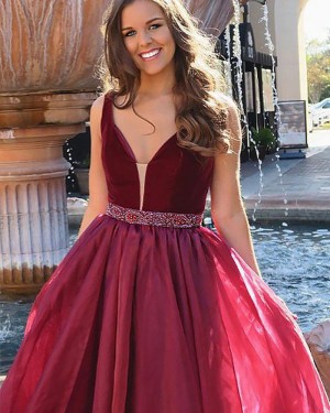 Long Burgundy V-neck Pleated Prom Dress with Beading Belt PM1153