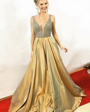 Elegant Long Gold Satin V-neck Beading Bodice Prom Dress PM1155