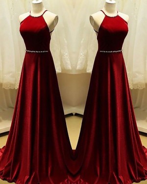 Long Red Halter Satin A-line Prom Dress with Beading PM1158