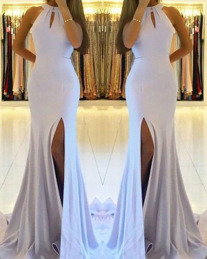 Long Dusty Blue High Neck Cutout Satin Mermaid Prom Dress with Side Slit PM1160