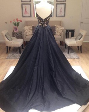 Gorgeous Black Beading Bodice V-neck Satin Evening Dress PM1162