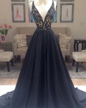 Gorgeous Black Beading Bodice V-neck Satin Evening Dress PM1162