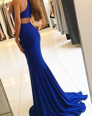 Blue Mermaid High Neck Satin Prom Dress with Side Slit PM1171