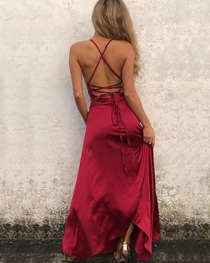 Simple Long Red Satin Spaghetti Straps Tight Prom Dress with Side Slit PM1172