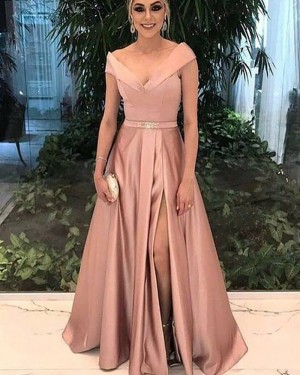 Blush Pink Off the Shoulder Satin Prom Dress with Front Slit PM1175