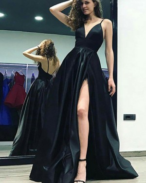 Black Satin Spaghetti Straps Prom Dress with Side Slit PM1179