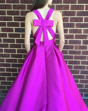 Long Halter Fuchsia Satin Ball Gown Prom Dress with Pockets PM1181