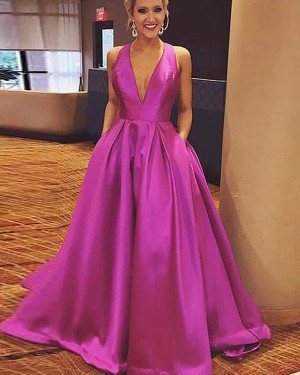 Long Halter Fuchsia Satin Ball Gown Prom Dress with Pockets PM1181