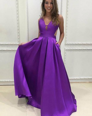 Violet Pleated V-neck Cutout Satin Prom Dress with Pockets PM1182