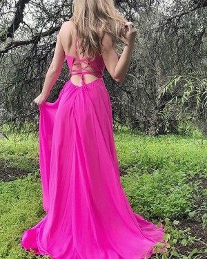 Fuchsia Pleat Spaghetti Straps Chiffon Prom Dress with Side Slit PM1184