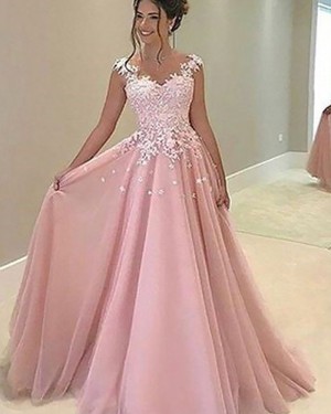 Long Pink Chiffon Sheer Neck Appliqued Prom Dress PM1187