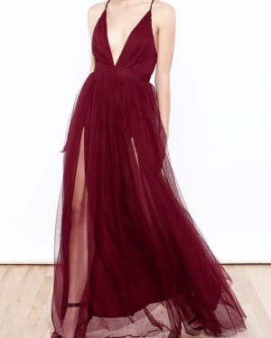 Long Burgundy Spaghetti Straps Tulle Prom Dress with Double Slits PM1197