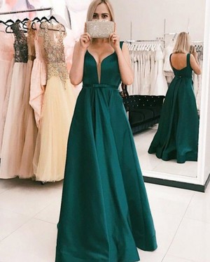 Simple Green Satin Pleated V-neck Ball Gown Prom Dress PM1199