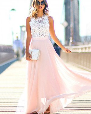 Long White High Neck Lace Bodice Prom Dress with Pink Skirt PM1204