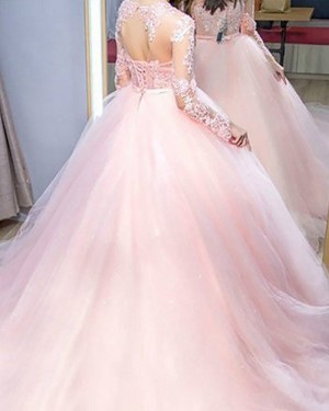 Pink Lace AppliquedJewel Neck Tulle Ball Gown Prom Dress with Long Sleeves PM1206