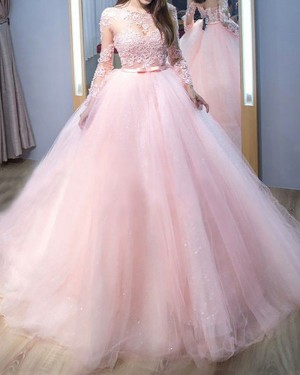 Pink Lace AppliquedJewel Neck Tulle Ball Gown Prom Dress with Long Sleeves PM1206