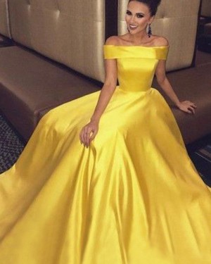 Simple Long Off the Shoulder Yellow Prom Dress with Pockets PM1208
