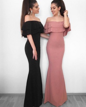 Simple Long Black Mermaid Satin Off the Shoulder Prom Dress PM1212