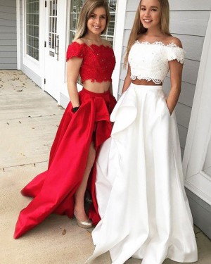 White Off the Shoulder Two Piece Slit Prom Dress with Pockets PM1214