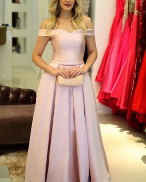 Pink Satin Off the Shoulder Pleated Simple Long Prom Dress PM1220