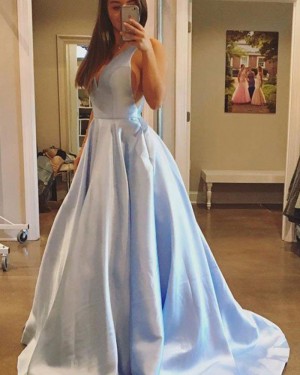 Simple Light Blue Satin V-neck Ball Gown Prom Dress PM1221