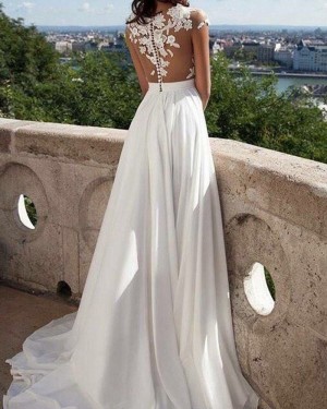 Long Ivory Chiffon Sheer Lace Appliqued Wedding Dress with Side Slit PM1223