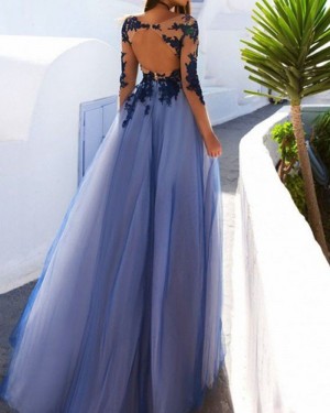 Blue Bateau Appliqued Tulle Prom Dress with Long Sleeves PM1224