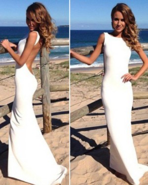 Simple White Jewel Satin Mermaid Backless Prom Dress PM1227