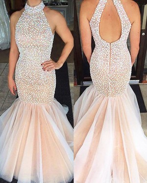 Elegant Long Pink High Neck Beading Tulle Mermaid Prom Dress PM1231