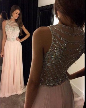 Elegant Long Pink Chiffon High Neck Beading Prom Dress PM1236