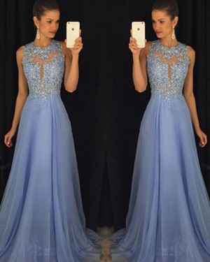 Light Blue Beading High Neck Lace Chiffon Prom Dress PM1238