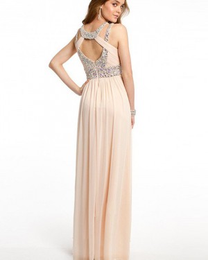 Elegant Long Pink Chiffon Cutout Beading Pleated Prom Dress PM1241