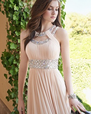 Elegant Long Pink Chiffon Cutout Beading Pleated Prom Dress PM1241