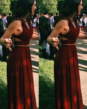 Long Satin Two Piece Burgundy V-neck Prom Dress PM1242