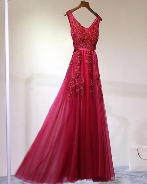 Stunning Red Tulle V-neck Appliqued Long Prom Dress PM1257