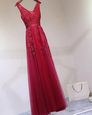 Stunning Red Tulle V-neck Appliqued Long Prom Dress PM1257