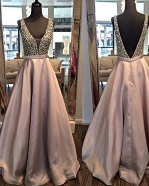 Light Purple Deep Neck Satin Beading Bodice Ball Gown Prom Dress PM1259