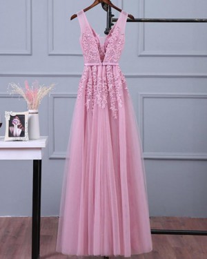 Pink Long V-neck Lace Appliqued Tulle Prom Dress PM1269