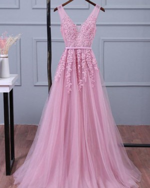 Pink Long V-neck Lace Appliqued Tulle Prom Dress PM1269