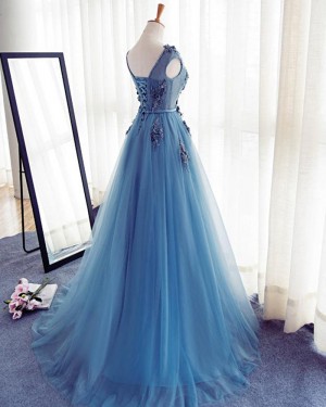 Blue Tulle Jewel Handmade Flowers Long Prom Dress PM1273