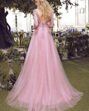Long Handmade Flower V-neck Blush Pink Tulle Evening Dress with Long Sleeves PM1277
