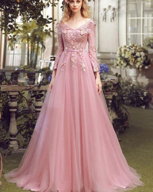 Long Handmade Flower V-neck Blush Pink Tulle Evening Dress with Long Sleeves PM1277
