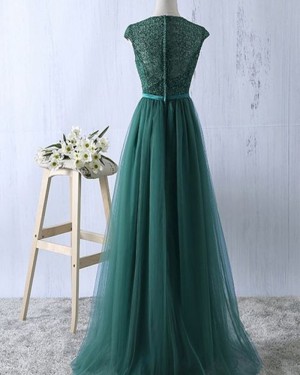 Long Green Tulle Sheer Lace Bodice Prom Dress PM1278