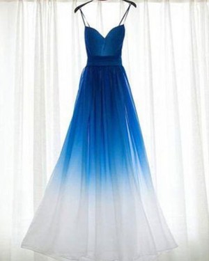 Blue and White Ruched Spaghetti Straps Tulle Bridesmaid Dress PM1280