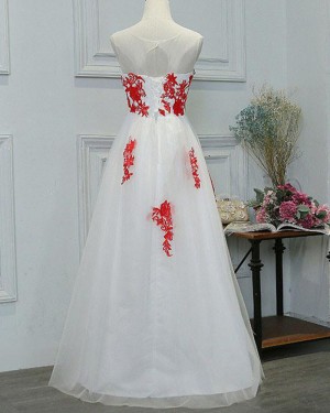 White Tulle Long Sheer Neck Red Lace Applique Formal Dress PM1281