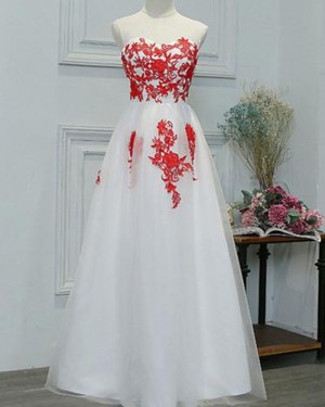 White Tulle Long Sheer Neck Red Lace Applique Formal Dress PM1281