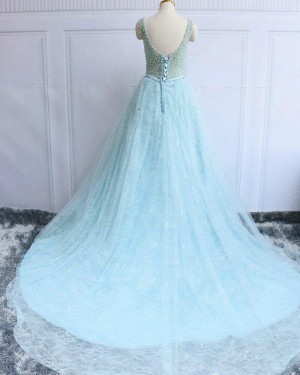 Gorgeous Long Sparkle Cyan Lace Jewel Beading Evening Dress PM1282